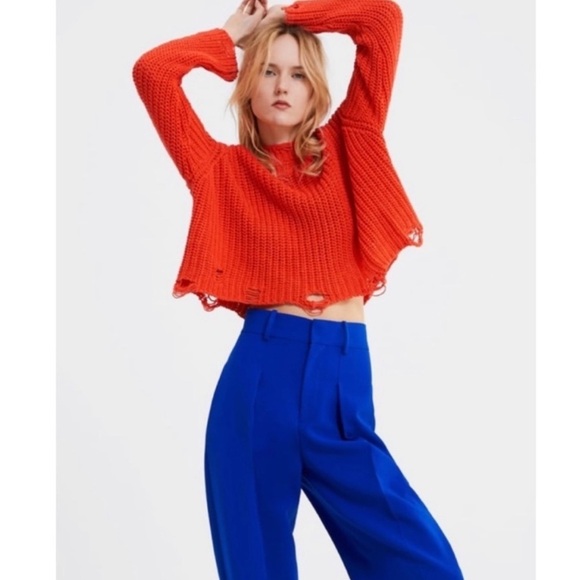 Zara Orange Distressed Sweater Small - Picture 1 of 8